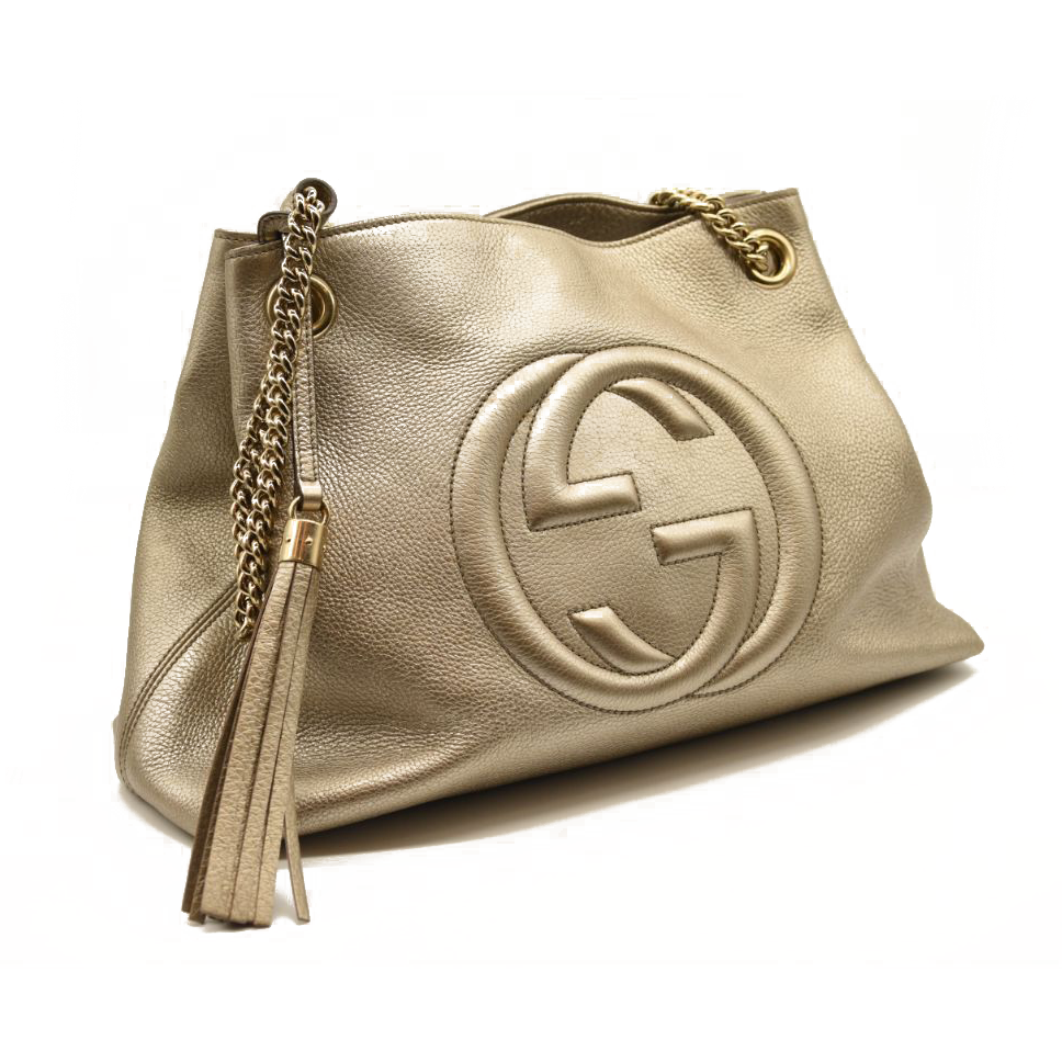 Gucci Metallic Pebbled Calfskin Medium Soho Chain Shoulder Bag Golden Beige