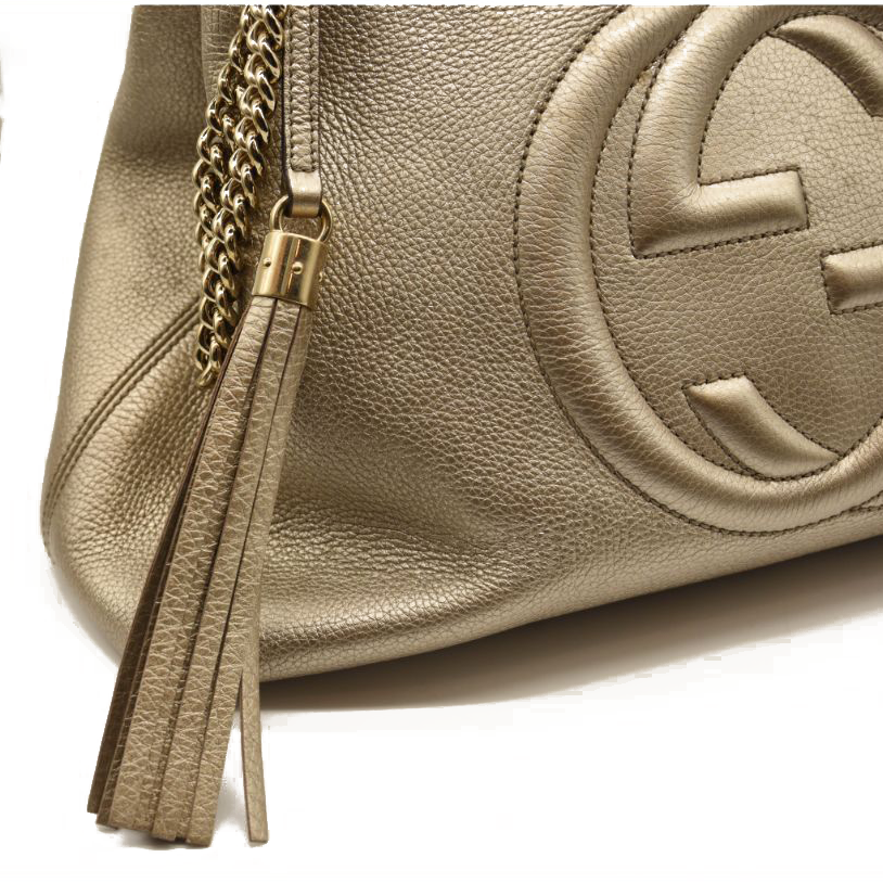Gucci Metallic Pebbled Calfskin Medium Soho Chain Shoulder Bag Golden Beige