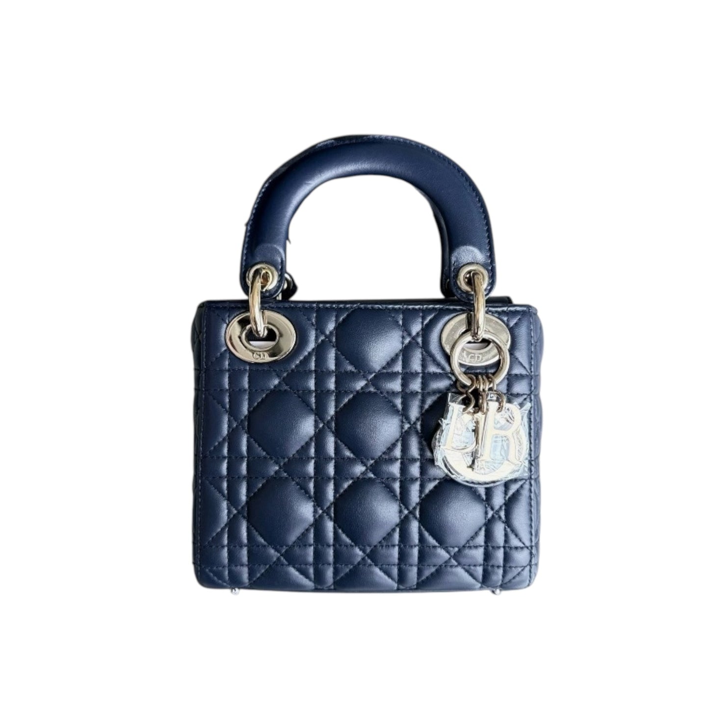 Dior Navy Black Cannage Leather Mini Lady Dior Chain Tote Bag