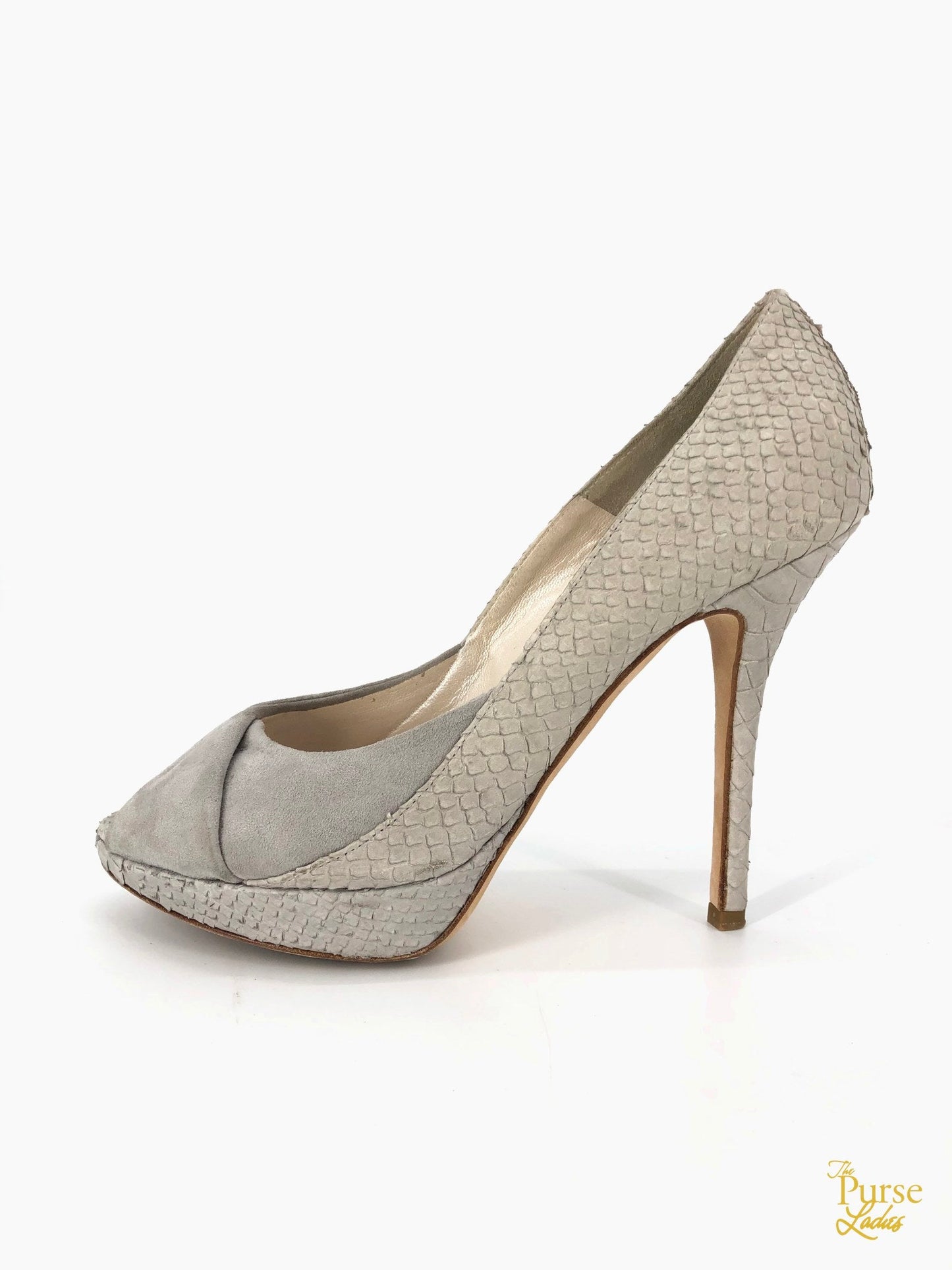 CHRISTIAN DIOR Gray Embossed Snakeskin & Suede Peep Toe Pumps SZ 37