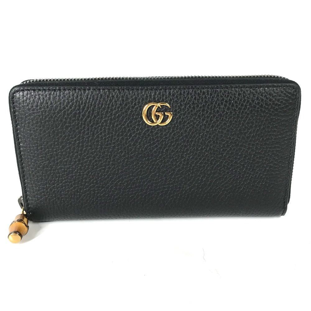 GUCCI Long Wallet Purse 739499 leather Navy GG Marmont Bamboo Zip Around Women Secondhand