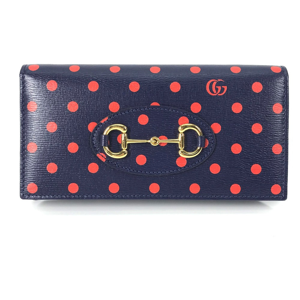 GUCCI Long Wallet Purse 621892 leather Navy x red Horsebit 1955 Dot Polka Dot Chain wallet Women Secondhand