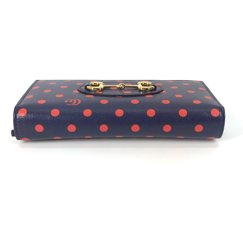 GUCCI Long Wallet Purse 621892 leather Navy x red Horsebit 1955 Dot Polka Dot Chain wallet Women Secondhand