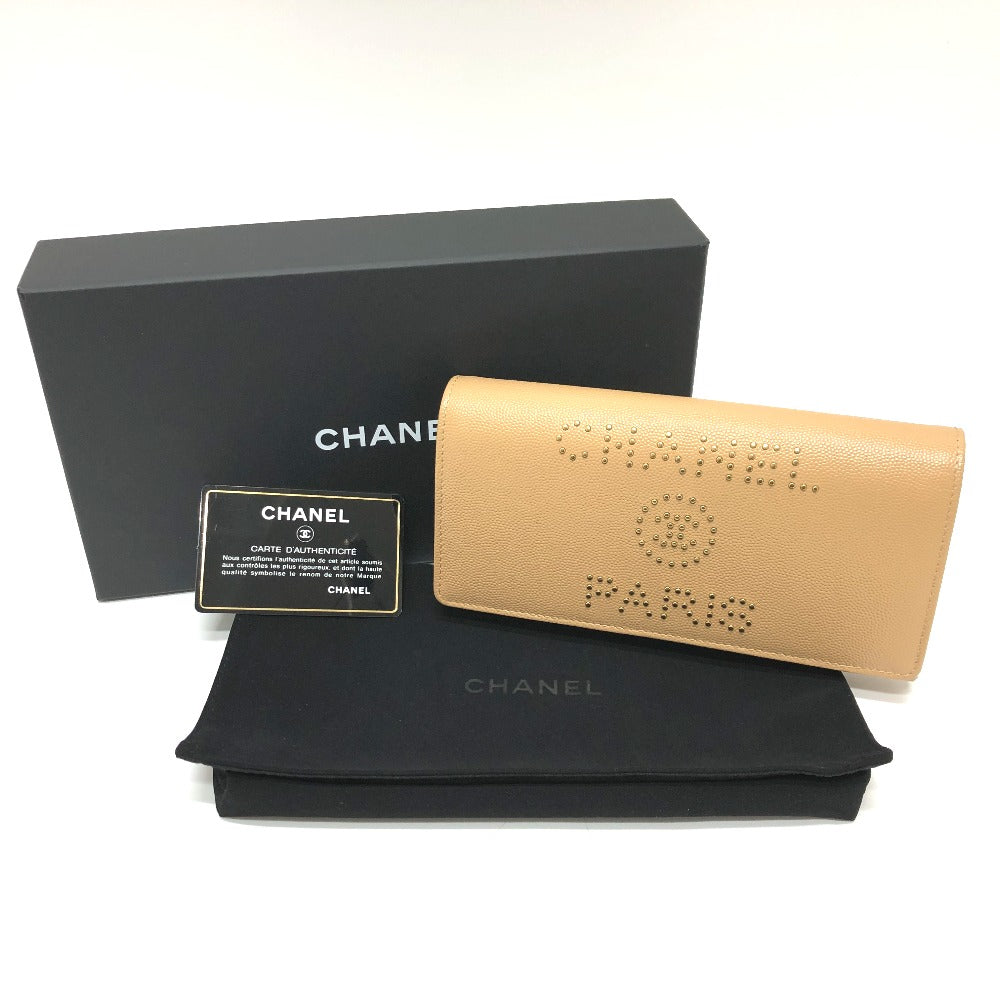 CHANEL Long Wallet Purse Caviar skin beige Long wallet Studs logo