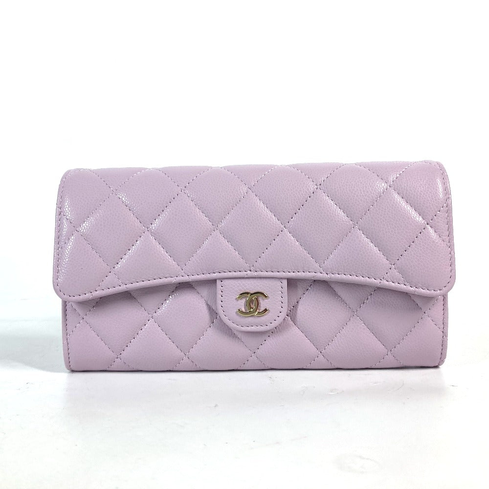 CHANEL Long Wallet Purse AP0241 Caviar skin Light purple CC COCO Mark Classic Quilted Matelasse