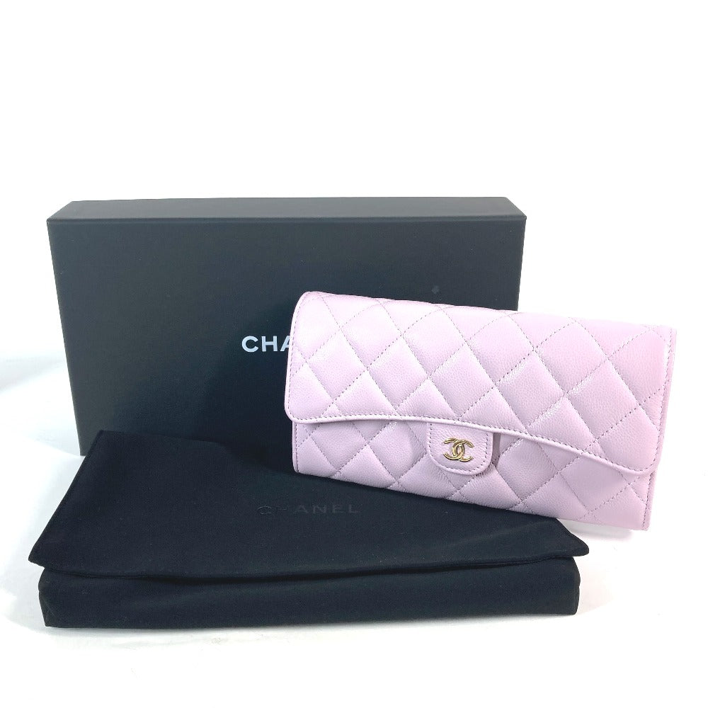 CHANEL Long Wallet Purse AP0241 Caviar skin Light purple CC COCO Mark Classic Quilted Matelasse