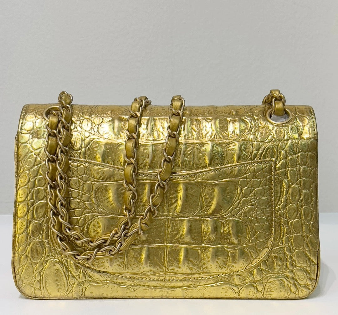 Chanel Medium  Calfskin Crocodile Embossed  Gold Metallic Flap Bag