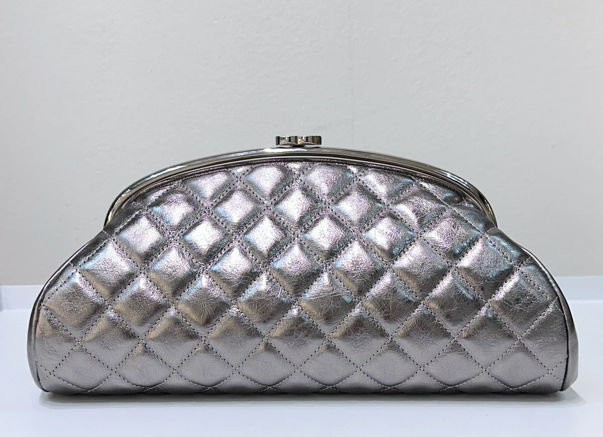 CHANEL Metallic Aged Calfskin Quilted Timeless Clutch Silver