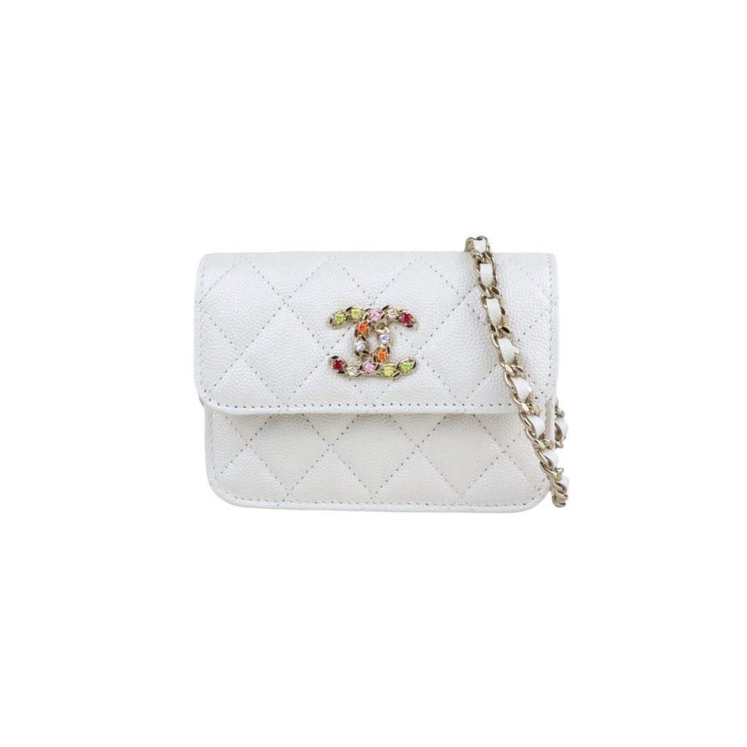 Very Good ( Rank A)｜ CHANEL Matelasse Chain Calf Leather Colour Rhinestone Mini WOC White  IC Chips Model ｜W25062903