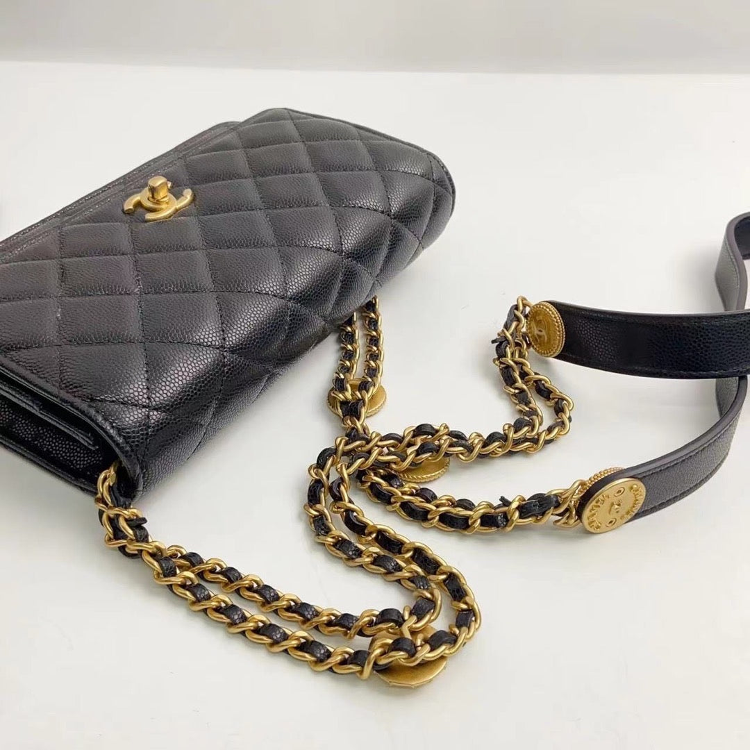 Rank A｜ CHANEL Matelasse Caviar Skin COCO Mark Coins Chain Wallet Black Gold Hardware ｜2302239