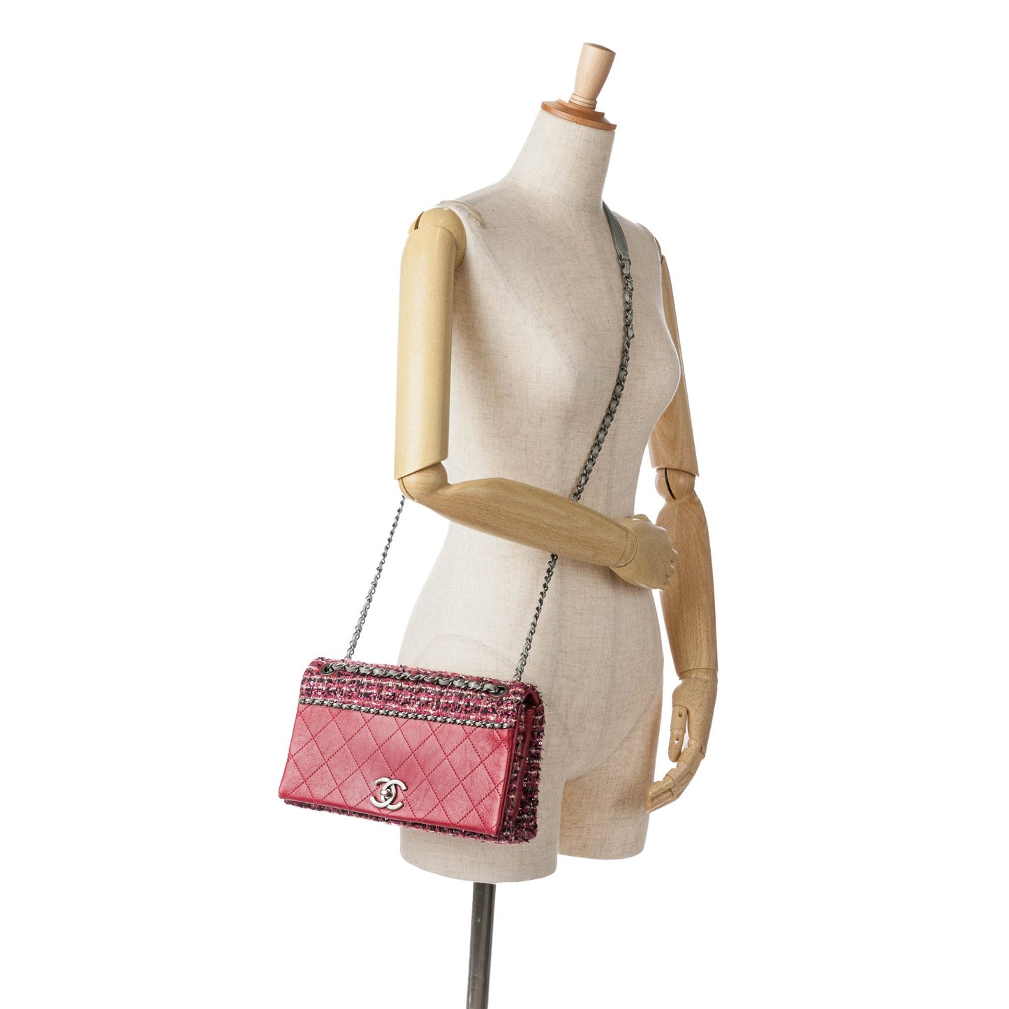 Red Chanel CC Lambskin and Tweed Flap Crossbody Bag