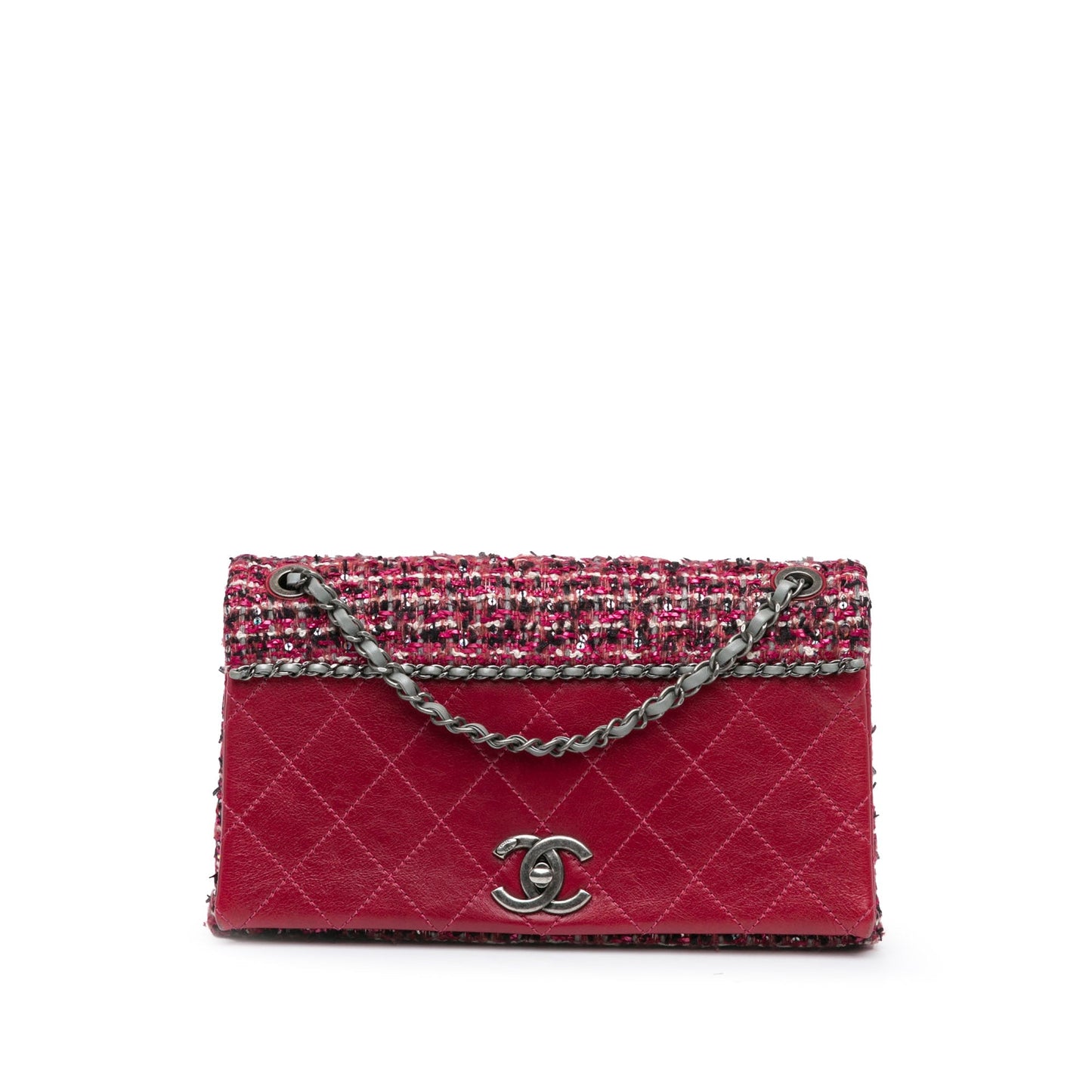 Red Chanel CC Lambskin and Tweed Flap Crossbody Bag