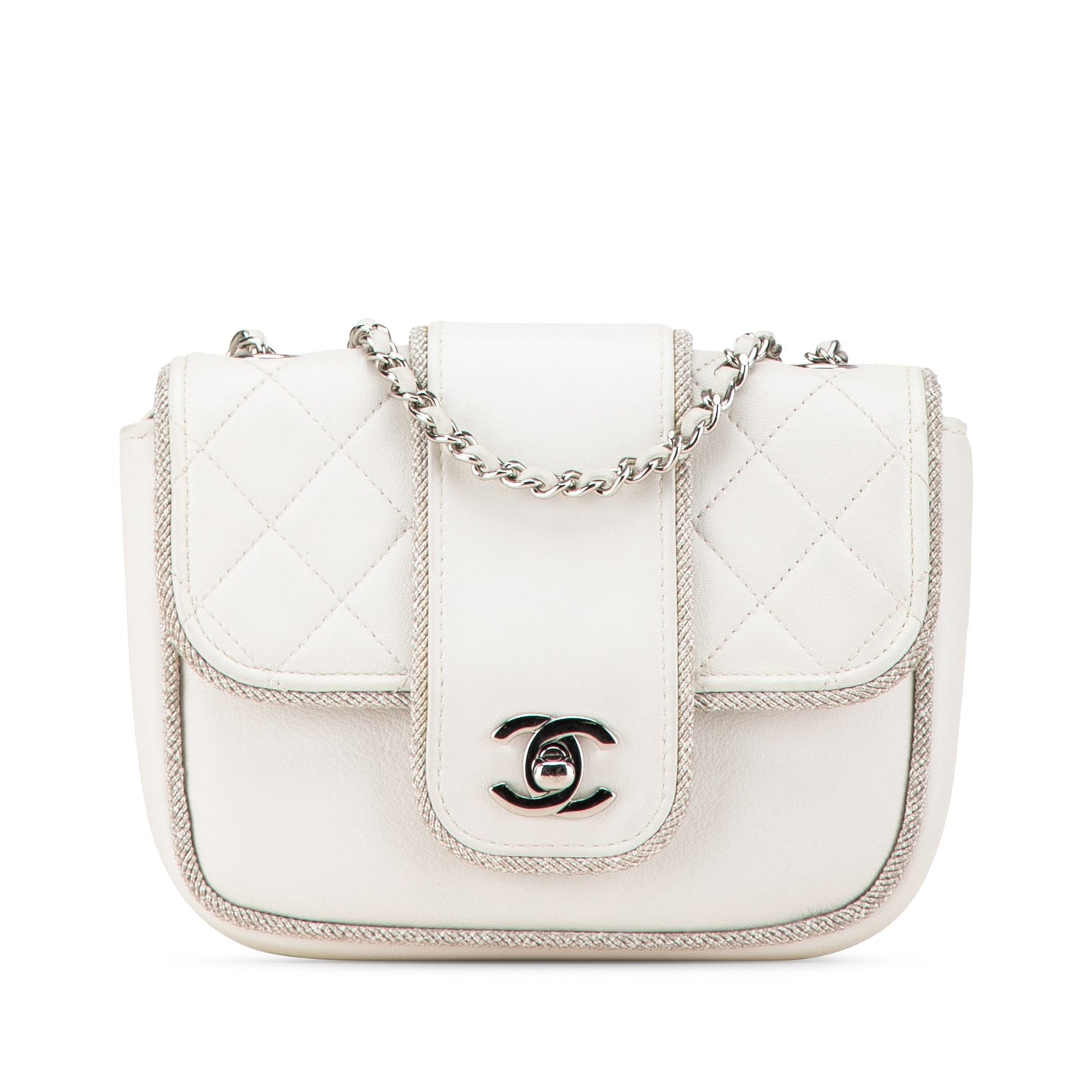 White Chanel Mini Quilted Lambskin Lurex Elementary Chic Flap Crossbody Bag