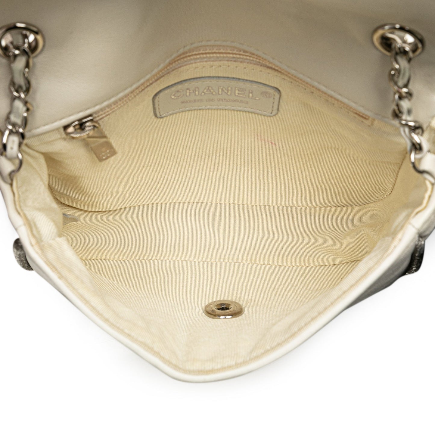 White Chanel Mini Quilted Lambskin Lurex Elementary Chic Flap Crossbody Bag
