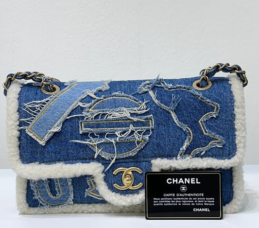 CHANEL Denim Shearling Hieroglyph Flap Blue
