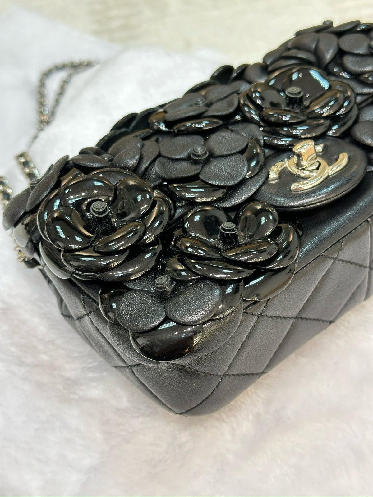 Chanel Mini Limited Edition Black Camellia  Lambskin Flap Bag