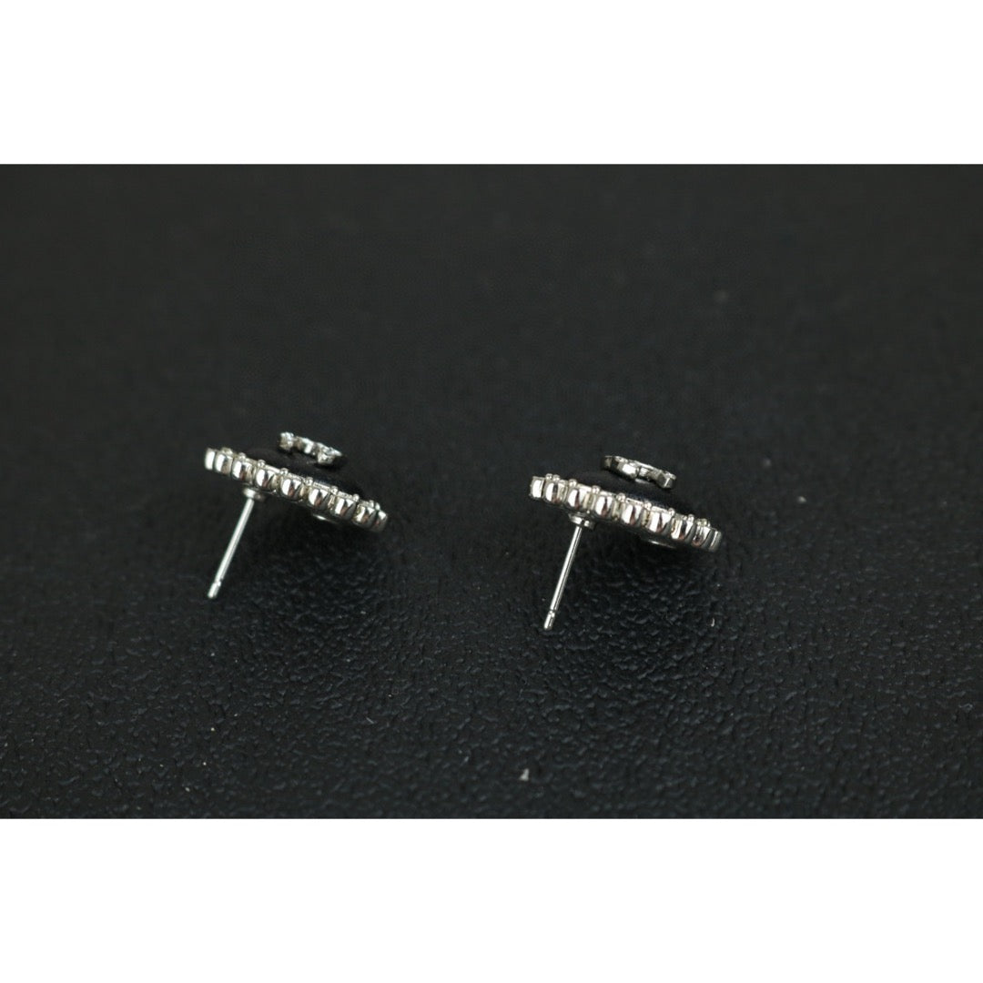 Excellent（Rank SA）｜ CHANEL Coco Mark Leather Rhinestone Earrings Silver｜F25022003