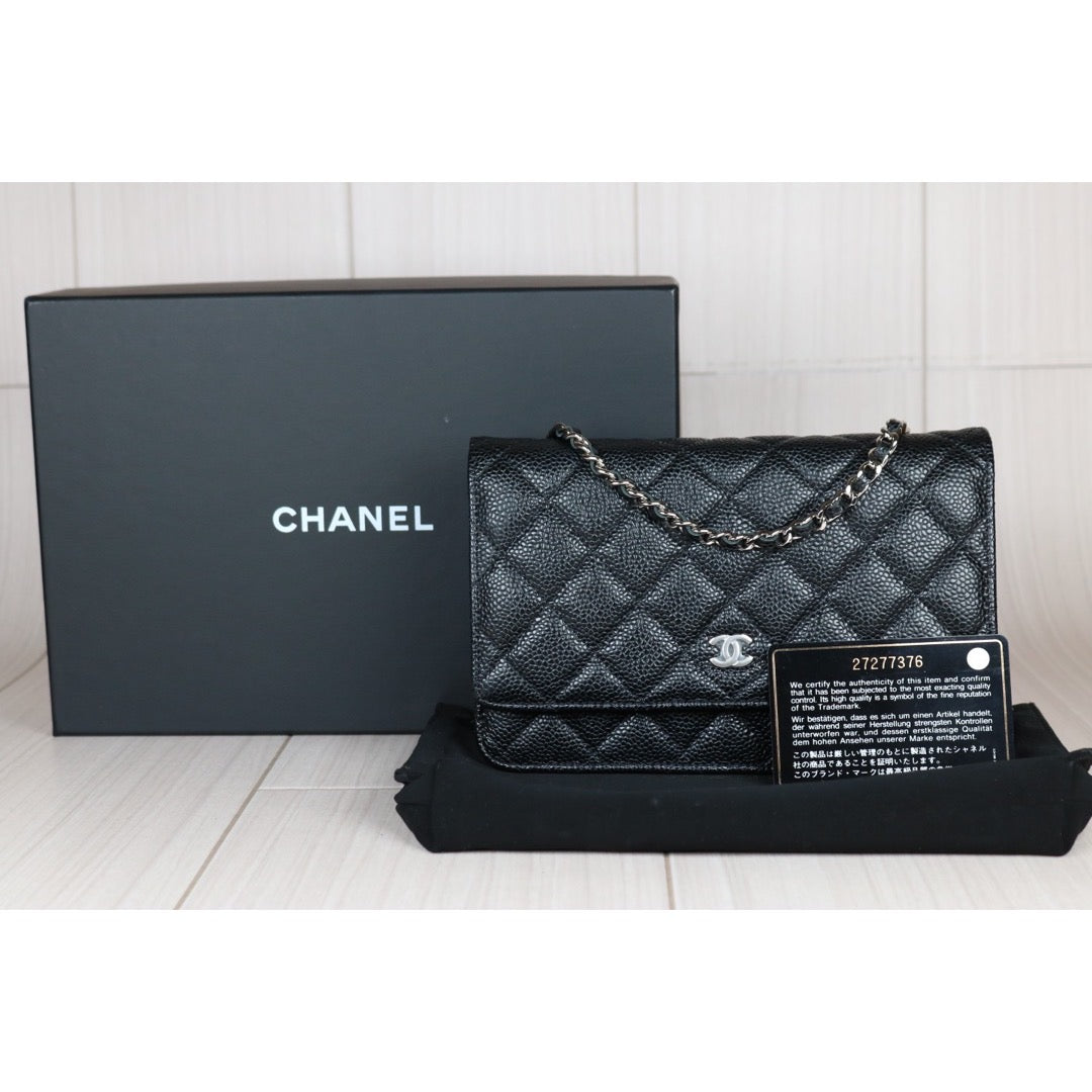 Very Good ( Rank A)｜ CHANEL Matelasse Caviar Skin Chain Wallet Black Silver Hardware Made in 2019 Year ｜S24061102