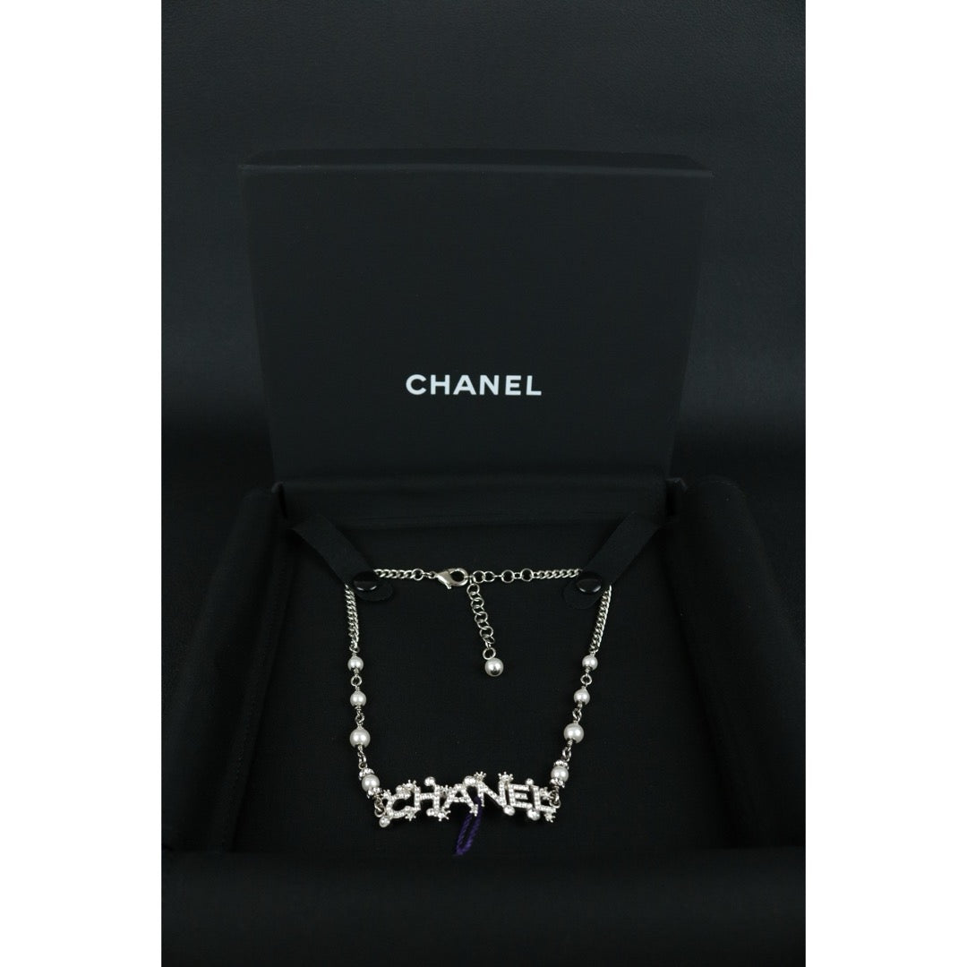 Excellent（Rank SA）｜ CHANEL Coco Mark Chain Pearl Rhinestone Chocker Necklace Silver｜F25032507