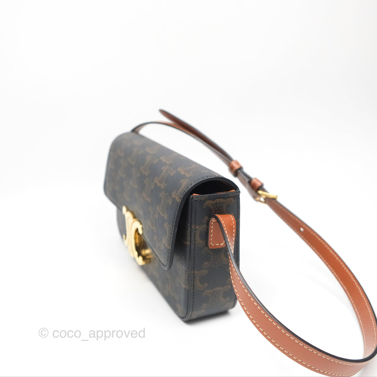 Celine Triomphe Shoulder Bag Tan Calfskin Triomphe Canvas