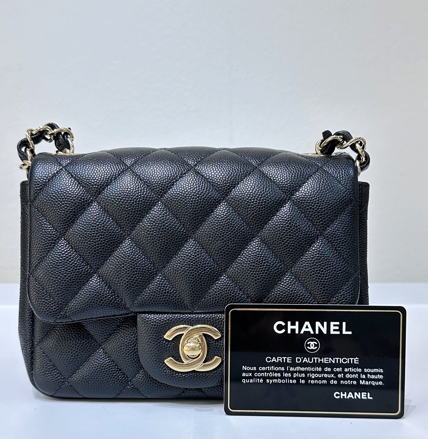 Chanel Black Mini Square Caviar Flap Bag Gold Hardware