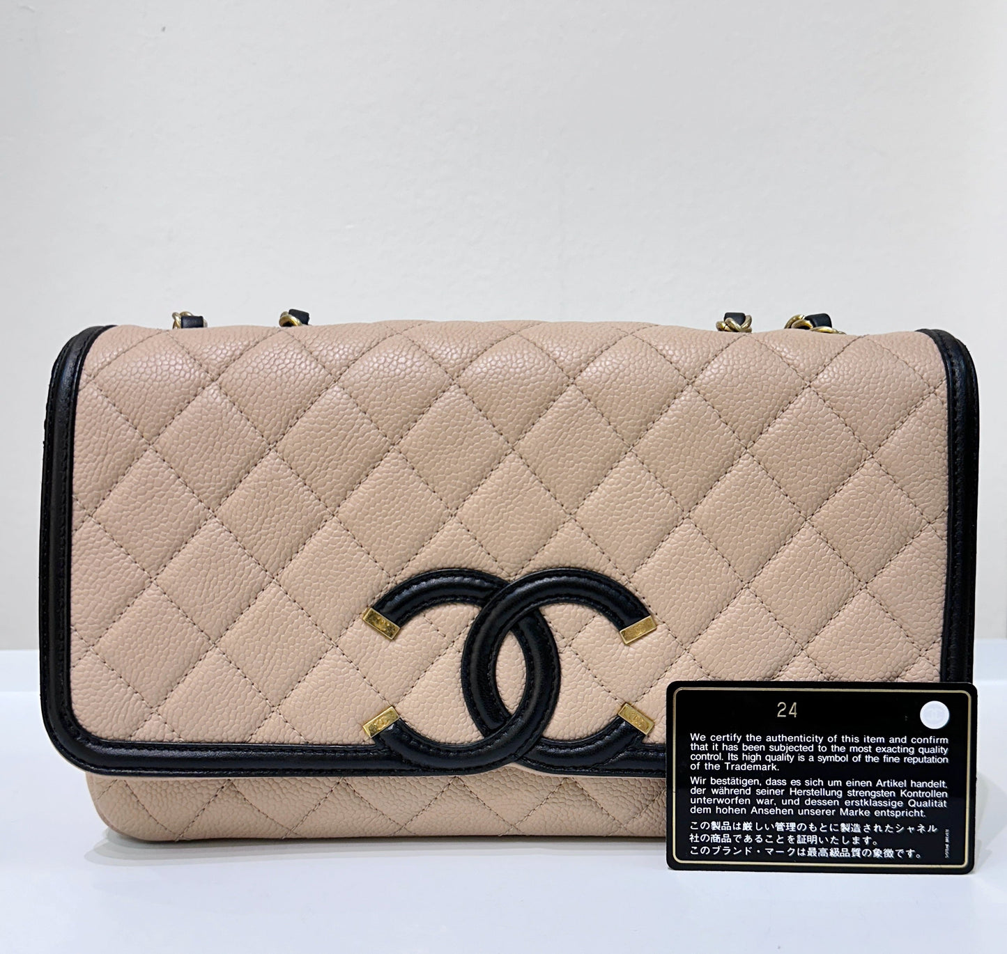 CHANEL Caviar Quilted Medium CC Filigree Flap Beige Black