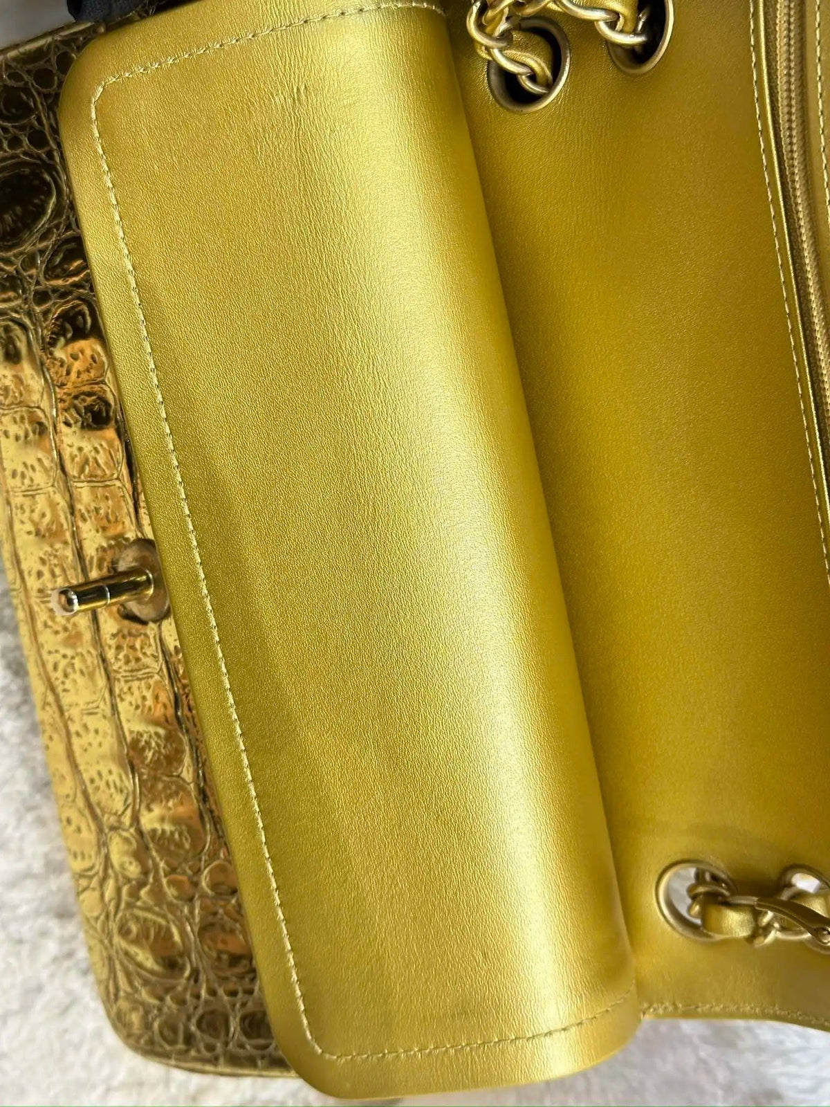 Chanel Medium  Calfskin Crocodile Embossed  Gold Metallic Flap Bag