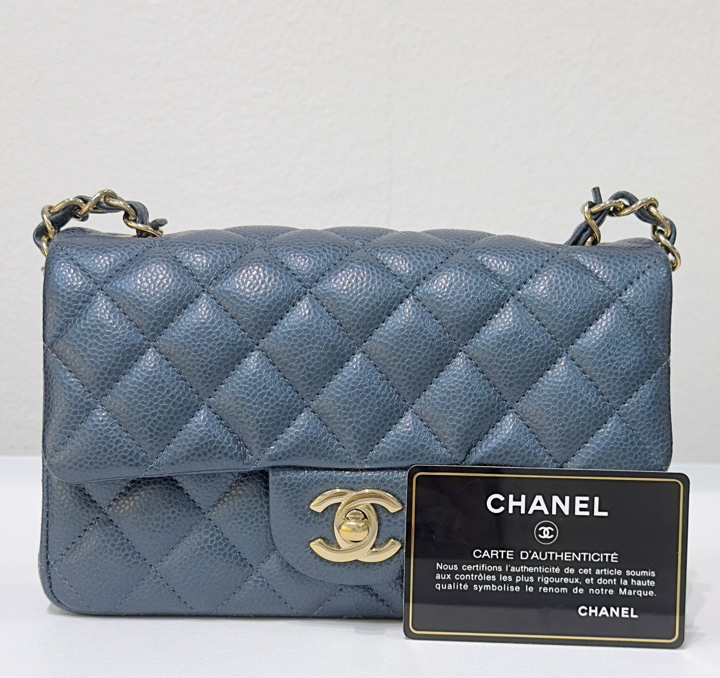 CHANEL Pearly Caviar Quilted Mini Rectangular Flap Navy Blue 18S