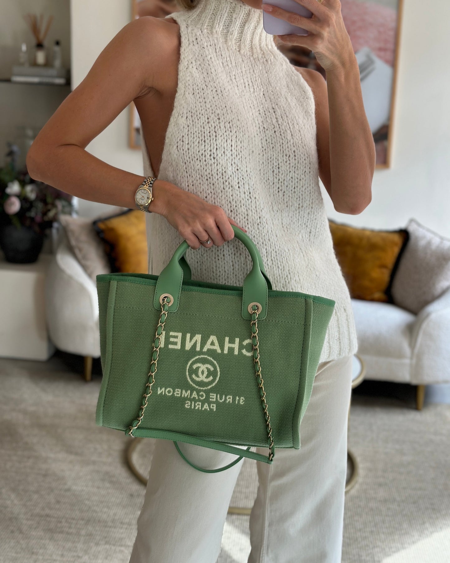 Chanel Pistachio Green Canvas Small Deauville Tote Bag with Champagne Gold Hardware