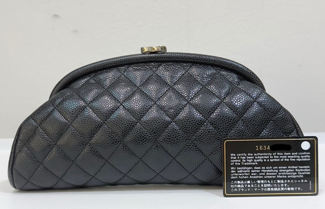 Chanel Quilted Timeless Kisslock Clutch Black Caviar SHW 1634 holo card