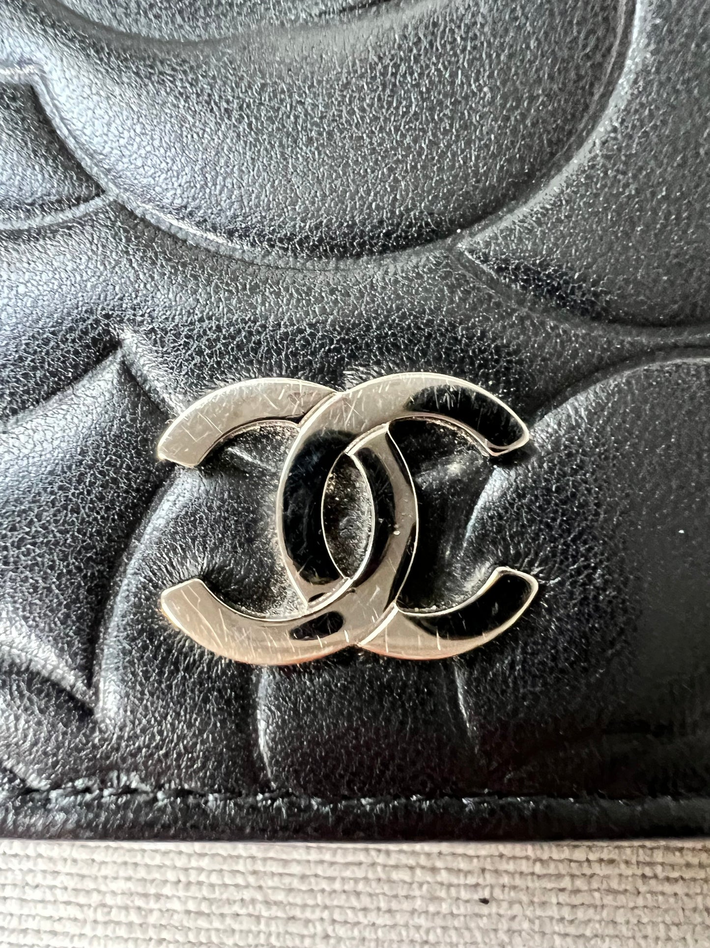 Chanel Black Lambskin Camellia Flap Wallet