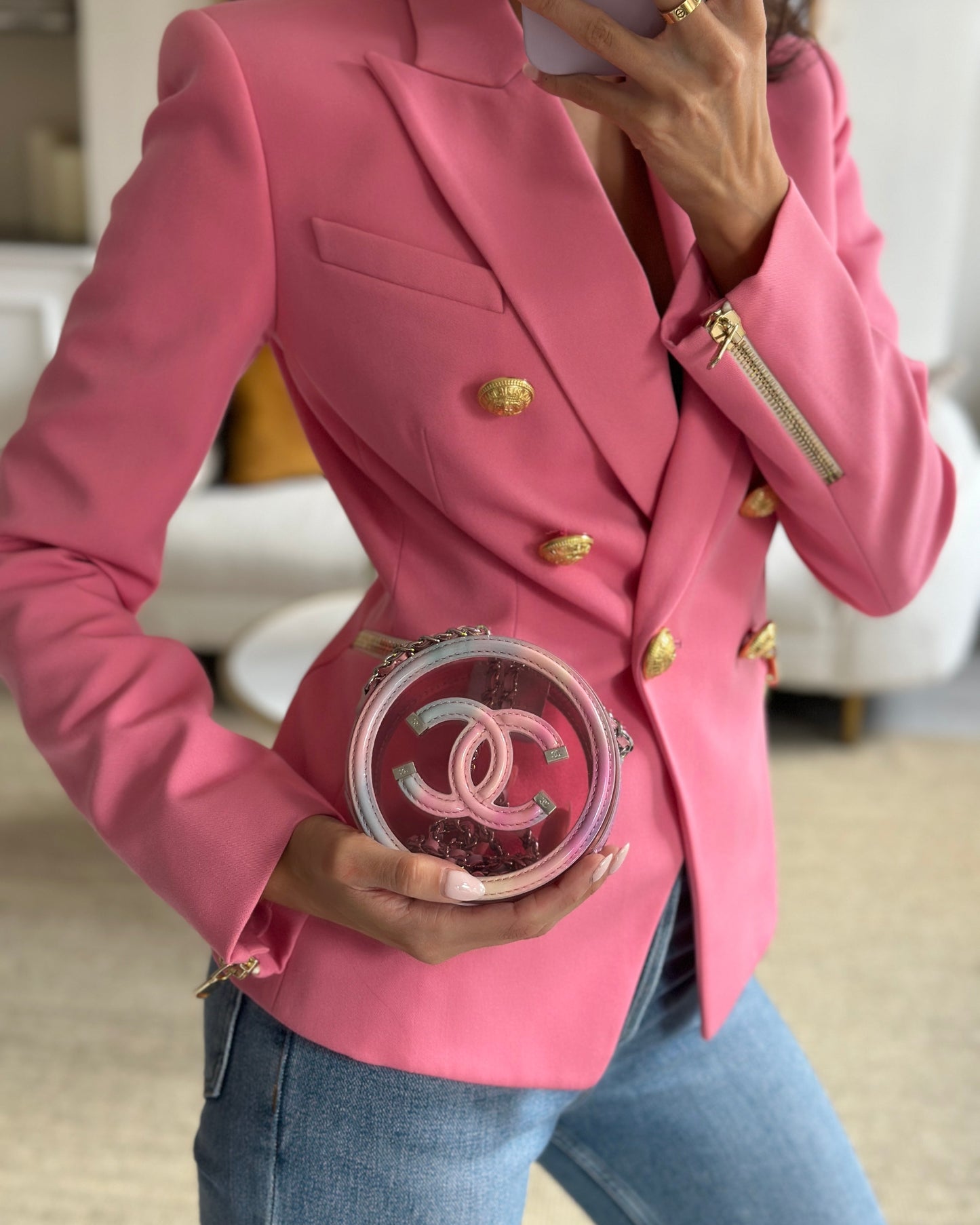 Chanel Rainbow Pink Filigree PVC CC Mini Round Crossbody Bag with Silver Hardware