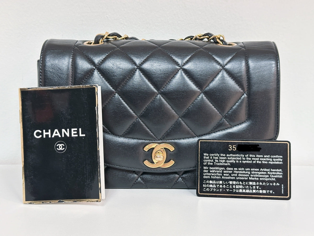 Chanel Small Vintage Diana Lambskin Should Flap Bag Black 3541 holo card