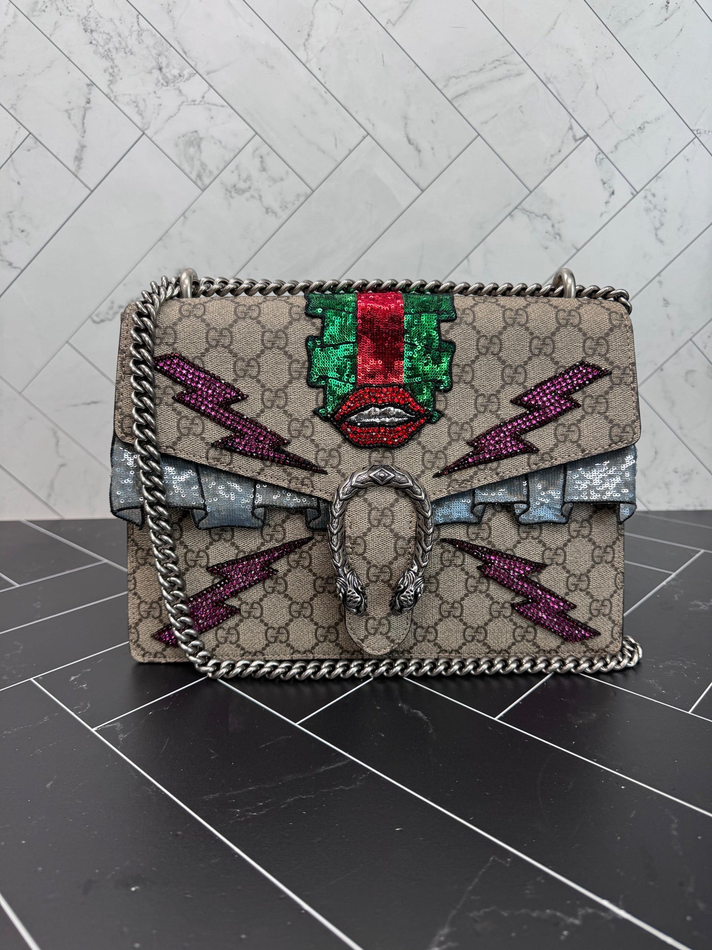 LIKE NEW Gucci GG Supreme Embroidered Sequin Medium Dionysus Shoulder Bag