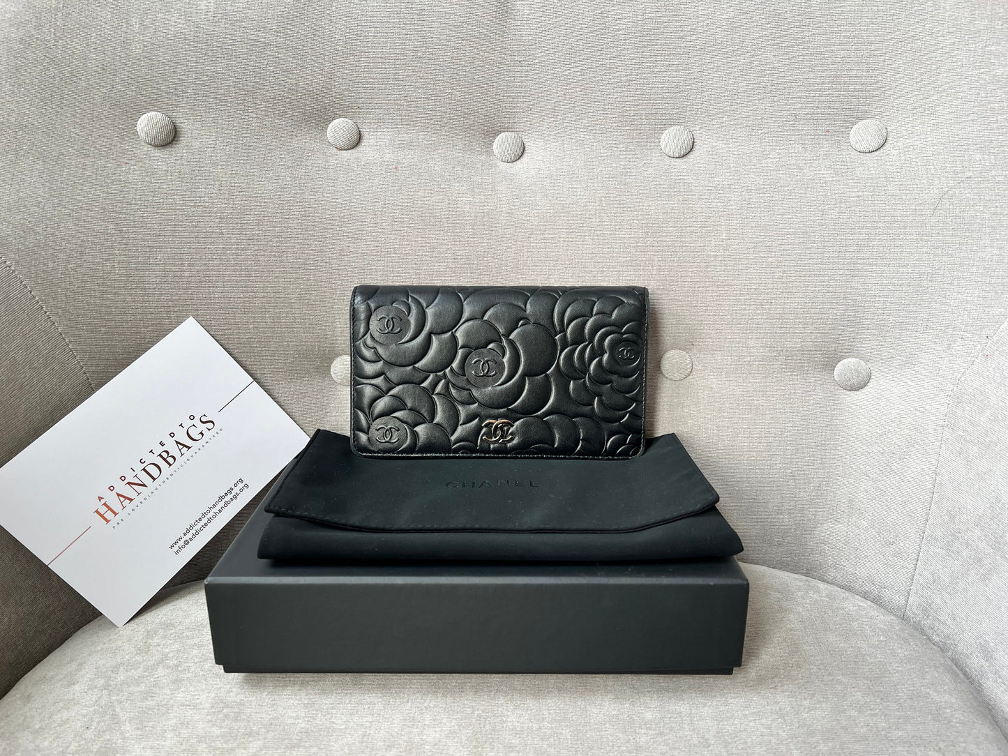 Chanel Black Lambskin Camellia Flap Wallet