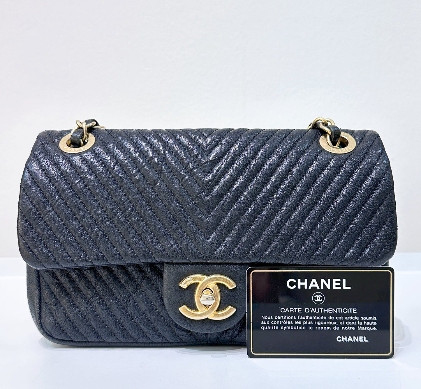 Chanel Black Chevron Leather Small Classic Flap Bag