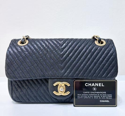 Chanel Black Chevron Leather Small Classic Flap Bag