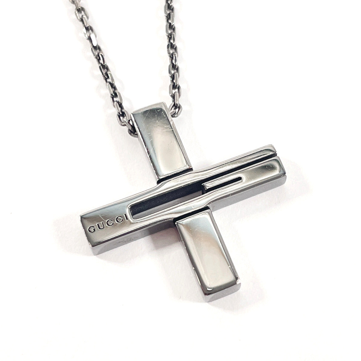 GUCCI Necklace Silver925 black Black rhodium plating Cross Cutout G unisex Used