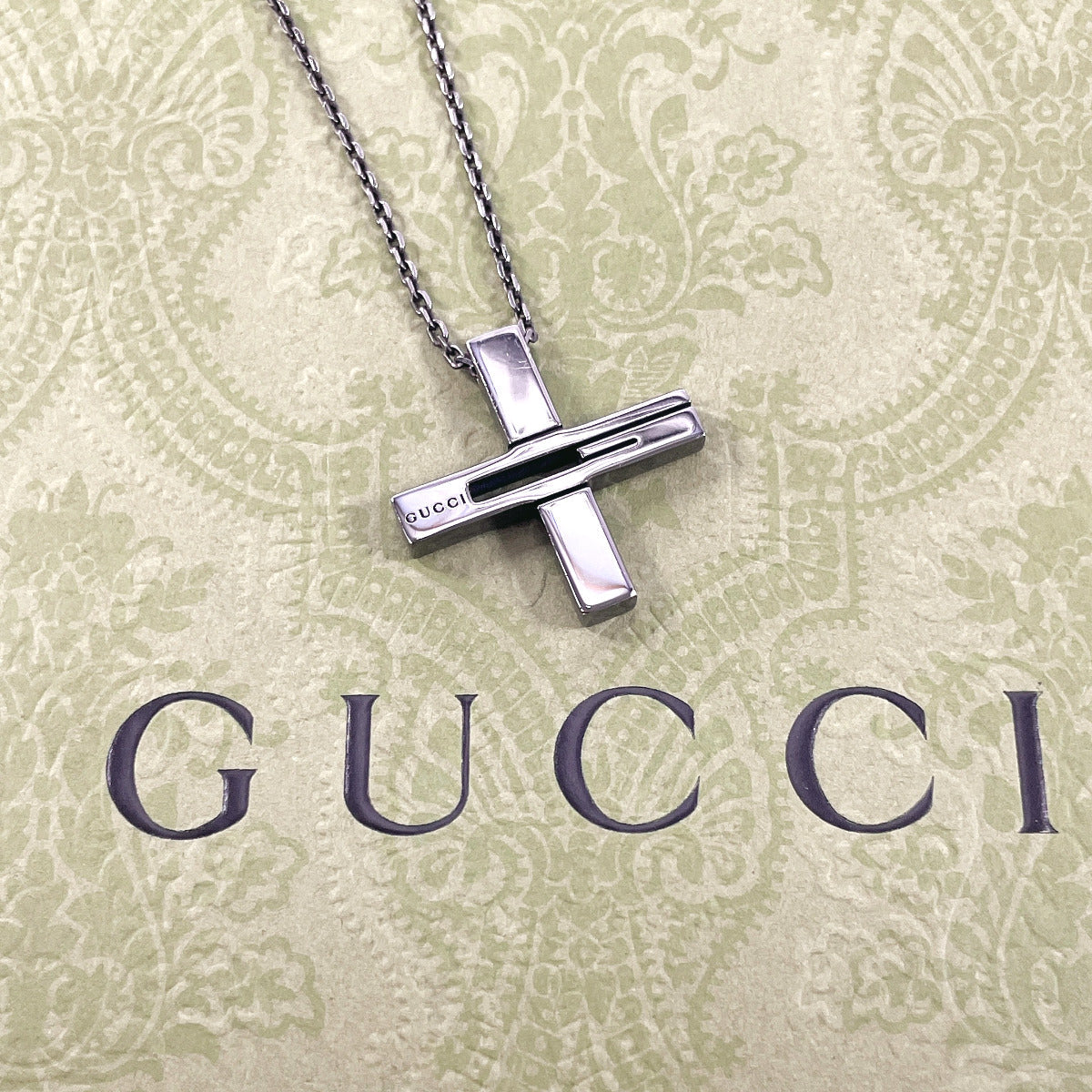 GUCCI Necklace Silver925 black Black rhodium plating Cross Cutout G unisex Used