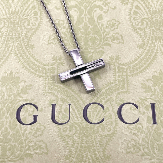 GUCCI Necklace Silver925 black Black rhodium plating Cross Cutout G unisex Used
