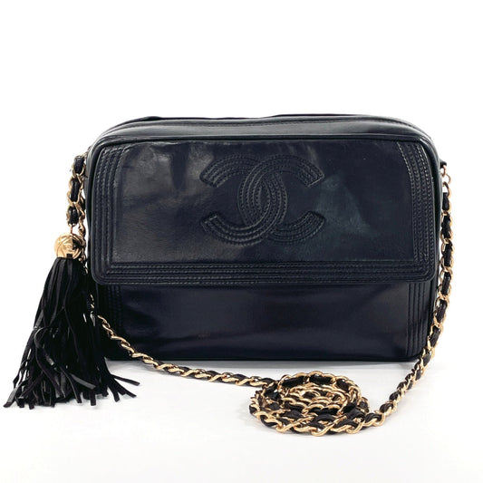 CHANEL Shoulder Bag lambskin black fringe ChainShoulder Women Used