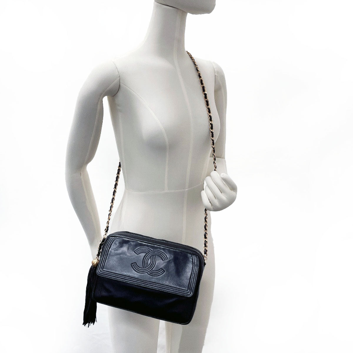 CHANEL Shoulder Bag lambskin black fringe ChainShoulder Women Used