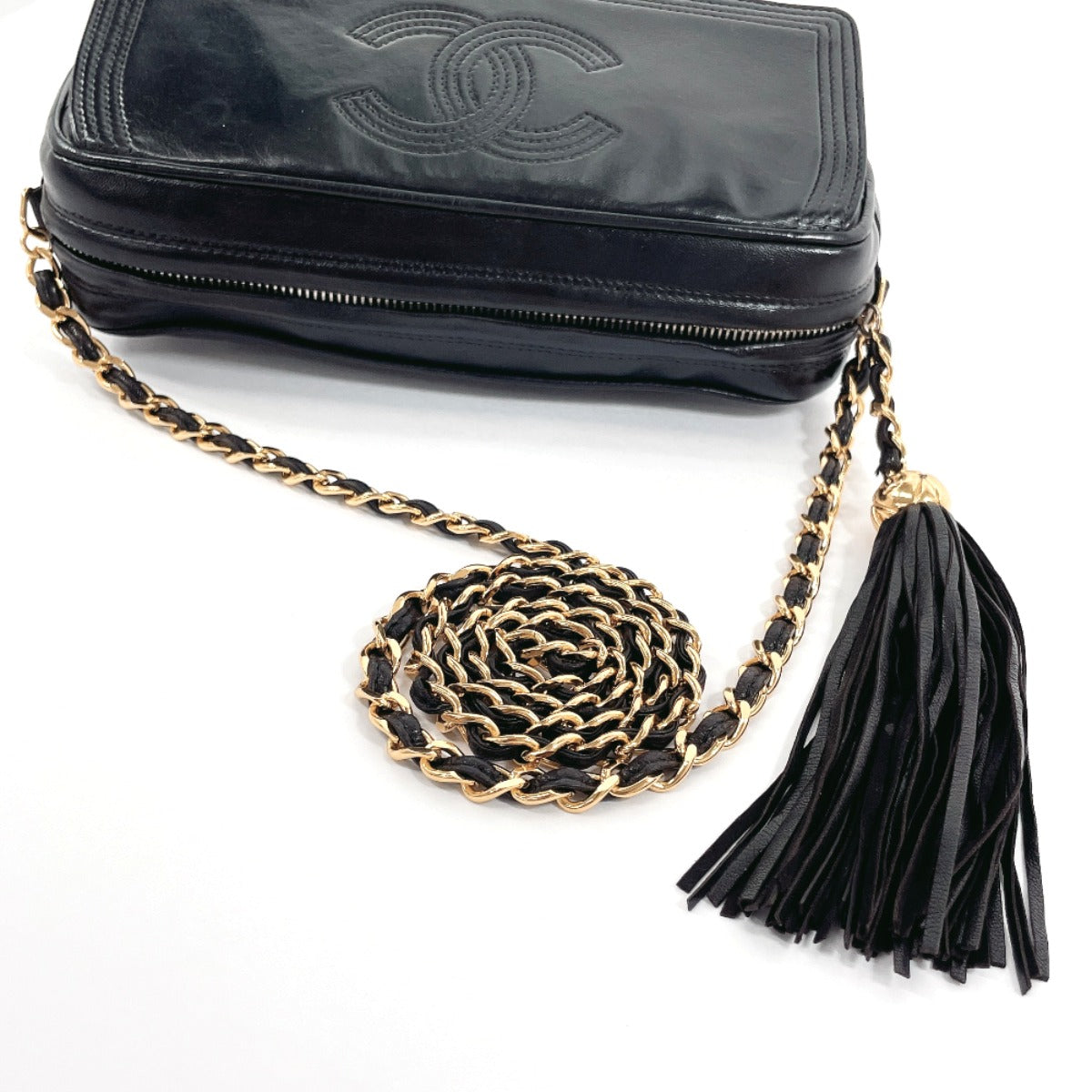 CHANEL Shoulder Bag lambskin black fringe ChainShoulder Women Used