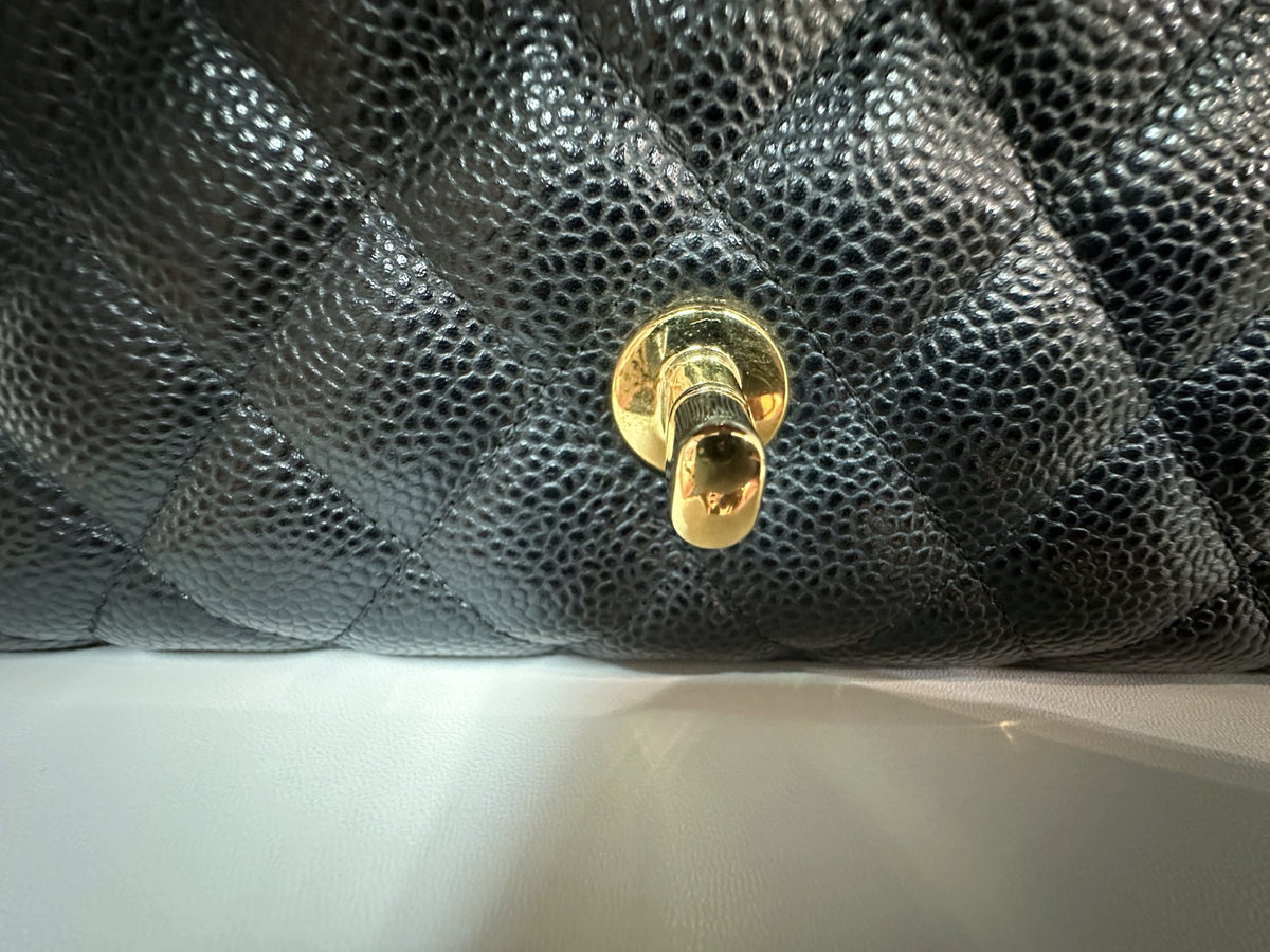 Chanel Medium Size Classic Quilted Caviar Double Flap Bag Black 3022 holo card