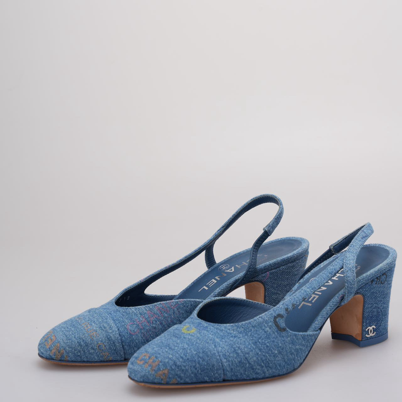 Chanel Denim Cap Toe CC Slingback Pumps  Light Blue & Multicolor 36.5
