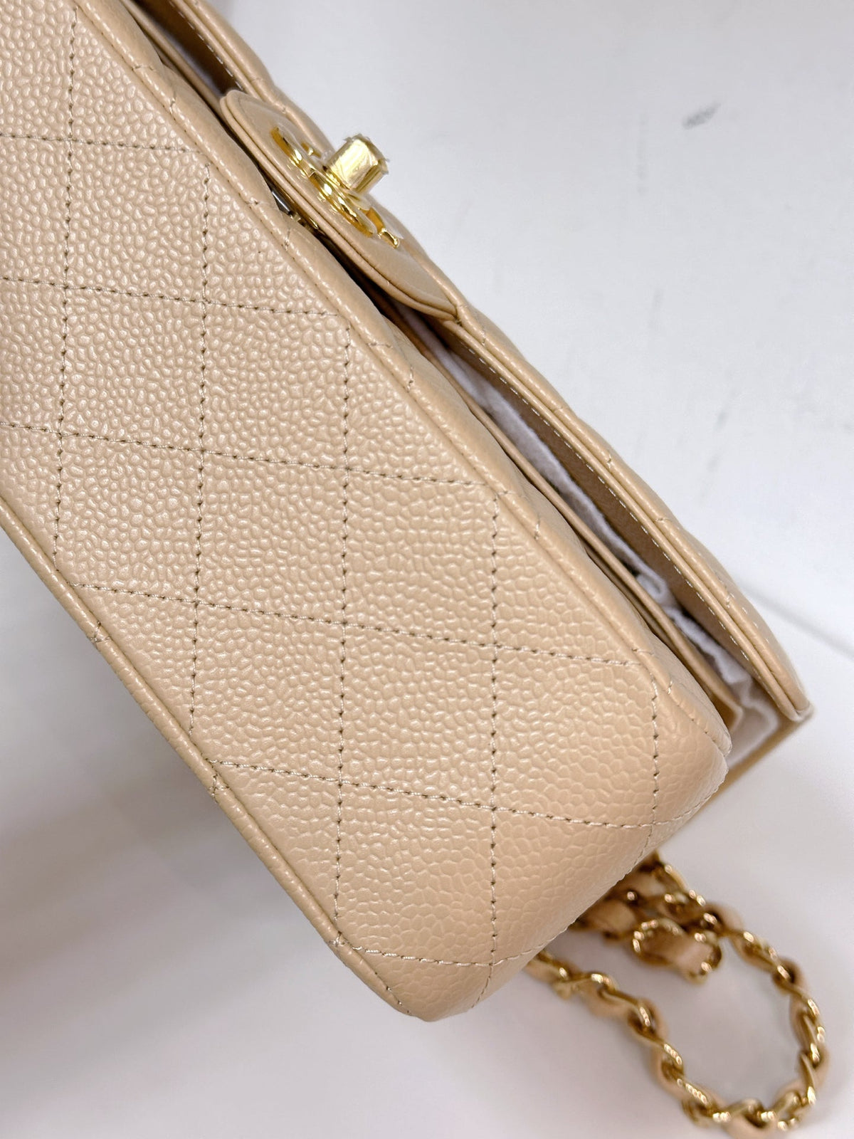 Chanel Medium Beige Classic Caviar Double Flap Bag GHW Microchip Singapore local Receipt