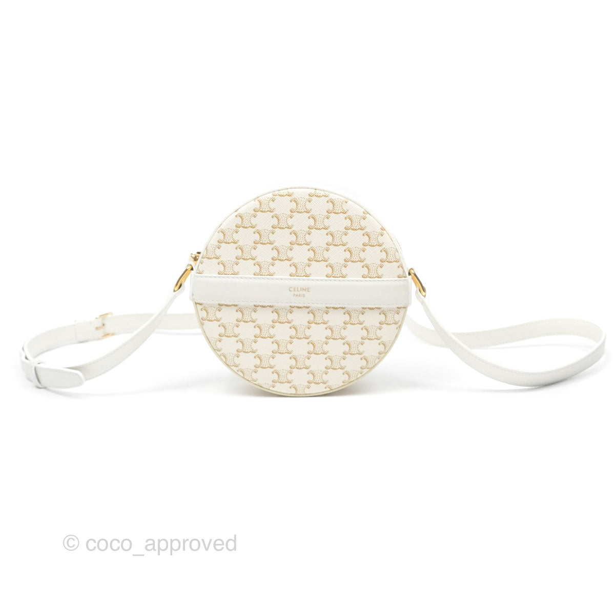 Celine Round Purse on Strap Triomphe Canvas White Calfskin