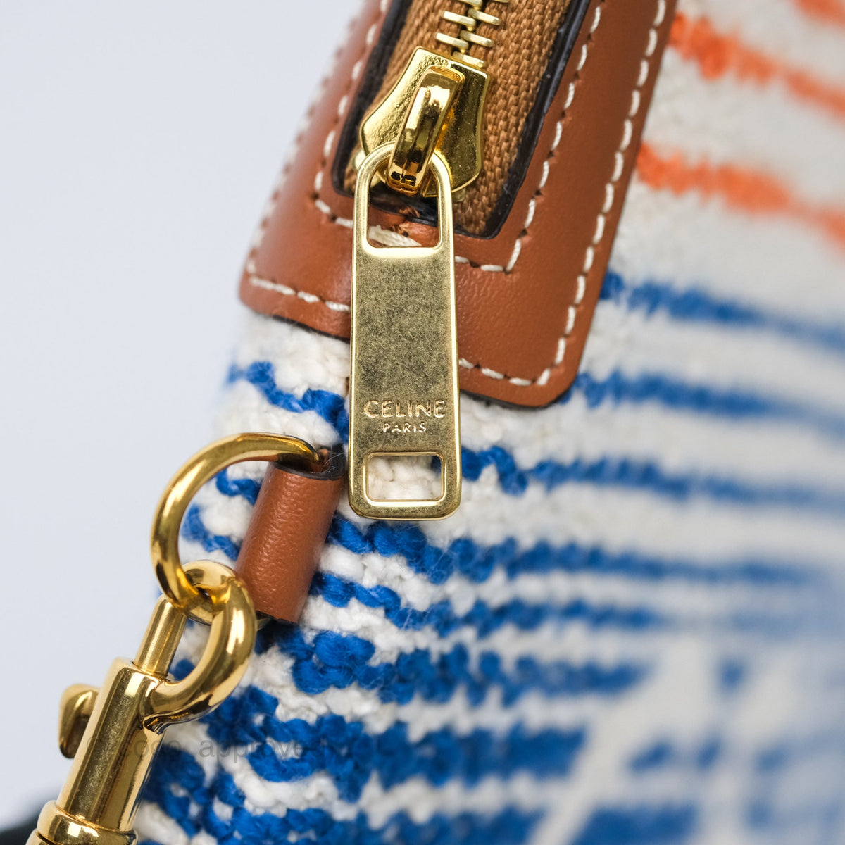 Celine Small Pouch with Strap in Striped Textile Ivory Orange Blue