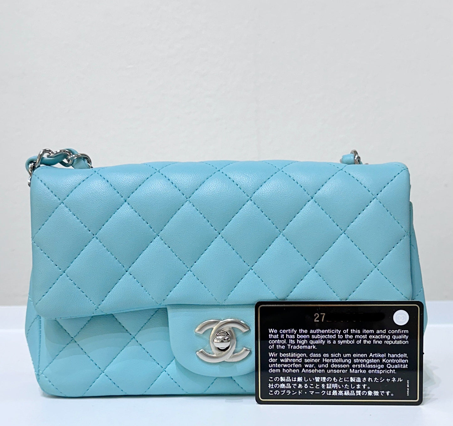 CHANEL 19C Tiffany Lambskin Quilted Mini Rectangular Flap Neon Blue