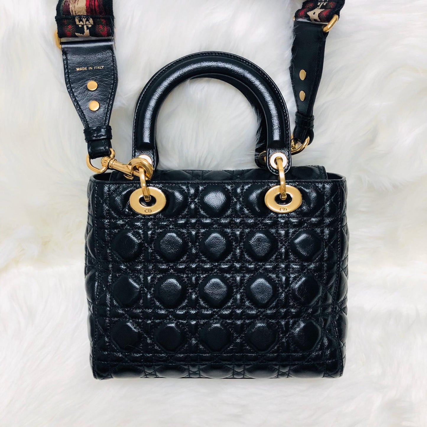 Lady Dior Bag Cannage Lambskin Leather Medium Black with Embellished Strap